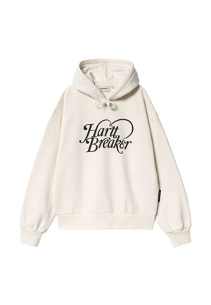 Haut à capuche crème avec un col à cordon, des poignets côtelés et un grand motif "Hartt Breaker" en noir à l'avant. Texture de tissu douce.