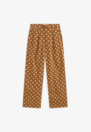 Pantalon à jambes larges marron à pois beiges, avec boutons et fermeture éclair à l'avant, et poches latérales, présenté sur un fond blanc.