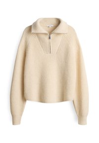 Pullover color crema con mezza zip, texture a costine, vestibilità oversize e colletto ampio. Presenta un scollo a V.