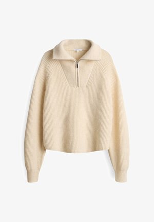 Cremfarbener Pullover mit halbem Reißverschluss, gerippter Struktur, oversized Passform und breitem Kragen. Verfügt über einen V-förmigen Ausschnitt.