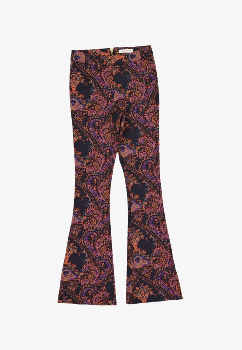 Pantalon pattes d'éléphant noir avec un motif paisley orange et violet sur l'ensemble et une fermeture éclair visible à l'arrière de la ceinture.