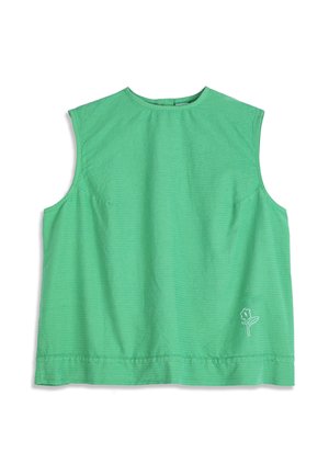 Sleeveless green top with round neckline and small white flower embroidery near the bottom hem on the right side.