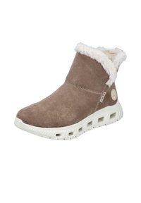 Brązowa zamszowa botka za kostkę z białym futerkiem na kołnierzu, suwakiem po boku i białą teksturowaną podeszwą z wykrojami dla lekkiego komfortu.