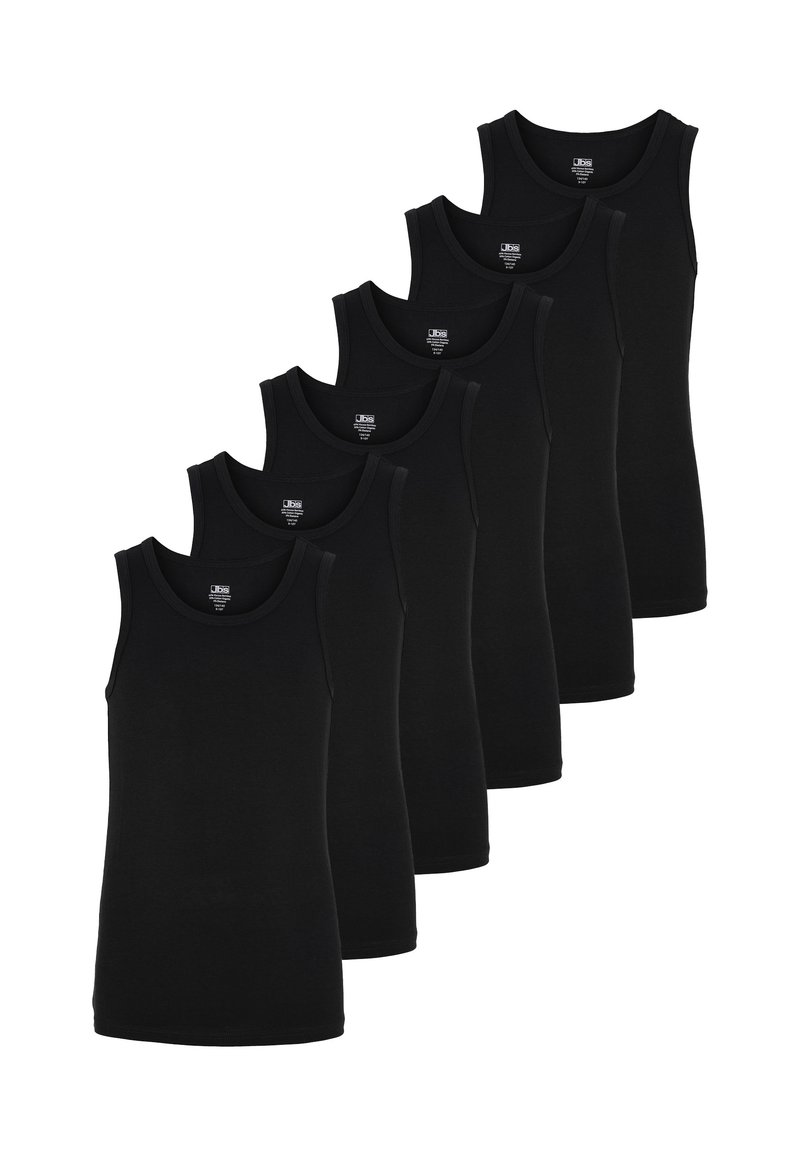 Black cotton tank tops in a pack of six, featuring a classic scoop neckline and no embellishments, with a soft, smooth texture.