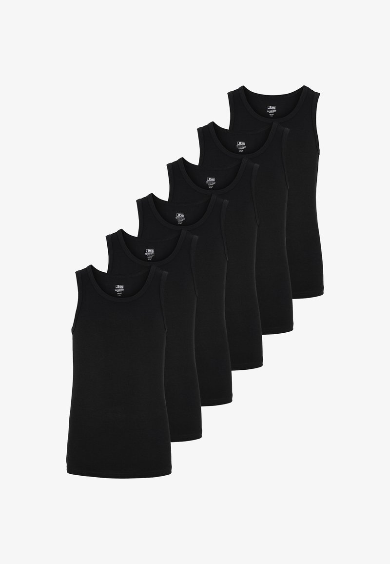Black cotton tank tops in a pack of six, featuring a classic scoop neckline and no embellishments, with a soft, smooth texture.