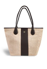 Borsa tote in paglia intrecciata beige con dettagli e manici in pelle marrone scuro, caratterizzata da una striscia centrale marrone scuro e dettagli testurizzati.