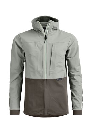 Light gray and dark brown hooded jacket with front zipper and two chest pockets, designed for outdoor use.