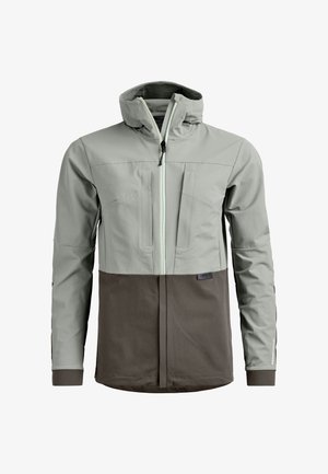 Light gray and dark brown hooded jacket with front zipper and two chest pockets, designed for outdoor use.