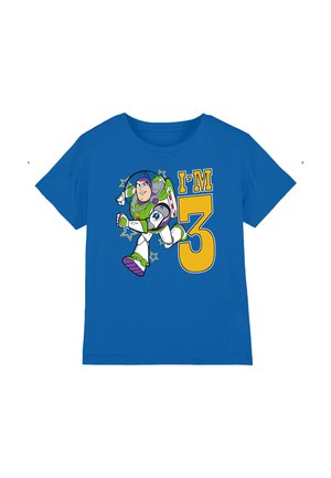 Blue cotton T-shirt featuring Buzz Lightyear graphic in green and purple, with the text "I'M 3" in yellow, surrounded by star accents.