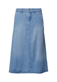Jupe en denim bleu clair, forme A, mi-longue, avec un détail de couture sur le devant et une fermeture à bouton à la taille. Pas de poches visibles.