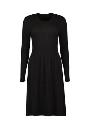 Schwarzes, langärmeliges, gerippt gestricktes Kleid mit tailliertem Oberteil und ausgestelltem Rock, knielang, Rundhalsausschnitt.