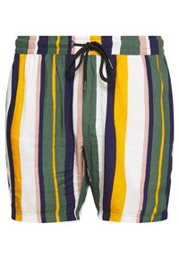 Raitattu uimapuku, jossa on monivärisiä pystysuoria raitoja vihreänä, keltaisena, valkoisena, vaaleanpunaisena ja tummana sinisenä. Elastinen vyötärö, jossa on naru.