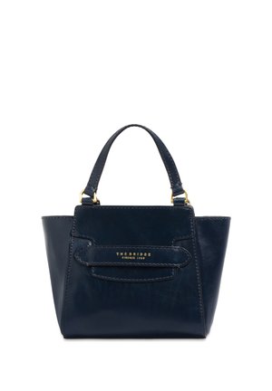 Piccola borsa a mano in pelle blu scuro con manici superiori e scritta dorata "The Bridge Firenze 1969" sulla patta della tasca frontale.
