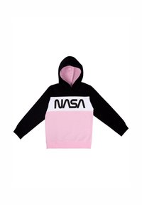Felpa con cappuccio di colore nero nella parte superiore, bianco nella sezione centrale e rosa nella parte inferiore. Presenta il logo "NASA" in nero. Realizzata in tessuto morbido, con maniche lunghe.