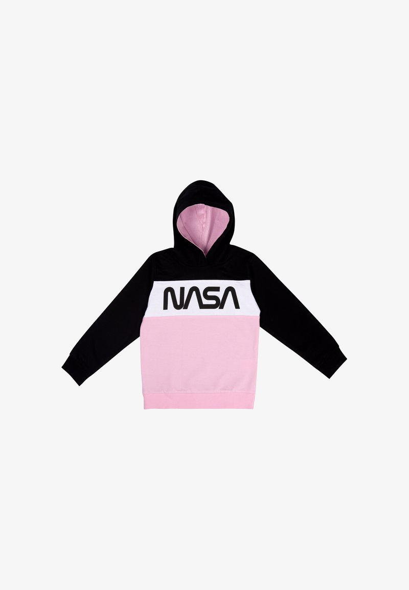 Felpa con cappuccio di colore nero nella parte superiore, bianco nella sezione centrale e rosa nella parte inferiore. Presenta il logo "NASA" in nero. Realizzata in tessuto morbido, con maniche lunghe.