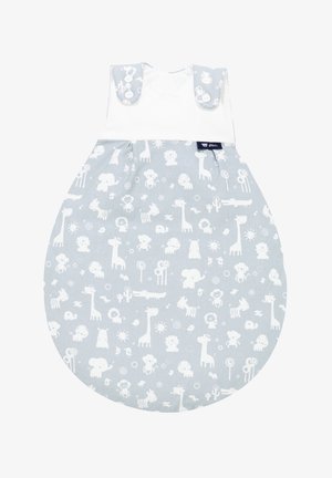 Gray sleeping bag with white animal patterns; round shape, sleeveless design, snap buttons on shoulders, soft textured cotton fabric.