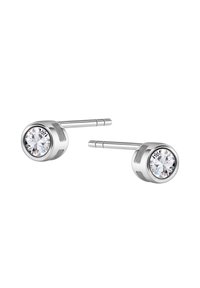 Srebrne kolczyki wkrętki z okrągłymi, przezroczystymi kryształami osadzonymi w wypolerowanej metalowej podstawie, o prostym i eleganckim designie.