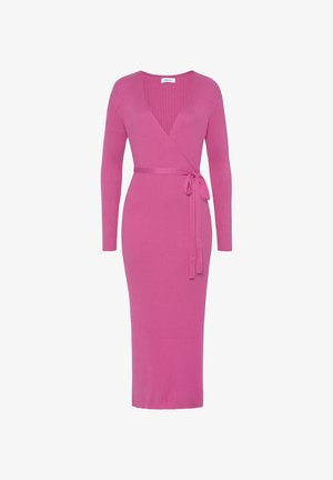 Knee-length, long-sleeve pink ribbed knit wrap dress with V-neck and a tied waist belt.