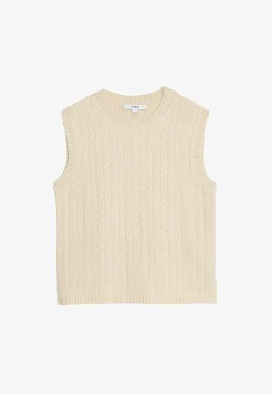 Cream-colored sleeveless sweater featuring a cable knit design, ribbed trim, and a round neckline. Soft texture with a relaxed fit.