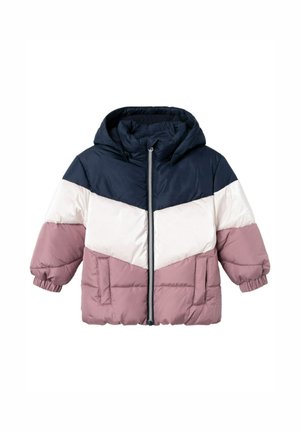 Giacca a vento per bambini con cappuccio, cerniera frontale completa e blocchi di colore in blu navy, bianco e mauve.