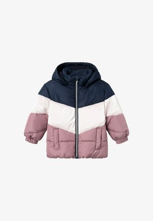 Giacca a vento per bambini con cappuccio, cerniera frontale completa e blocchi di colore in blu navy, bianco e mauve.