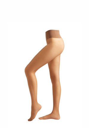 Collants transparents, couleur beige, avec une ceinture élastique marron. Texture lisse et design ajusté, mettant en valeur les contours de la jambe. Pas de motifs visibles.