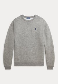 Jasnoszara bluza z okrągłym dekoltem, ściągaczami przy rękawach i u dołu, z małym granatowym logo Polo Ralph Lauren na lewej piersi.