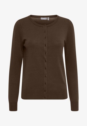 Bruine cardigan van zacht breiwerk, met een ronde halslijn, lange mouwen en een voorste knoopsluiting met gelijkmatig geplaatste knopen.