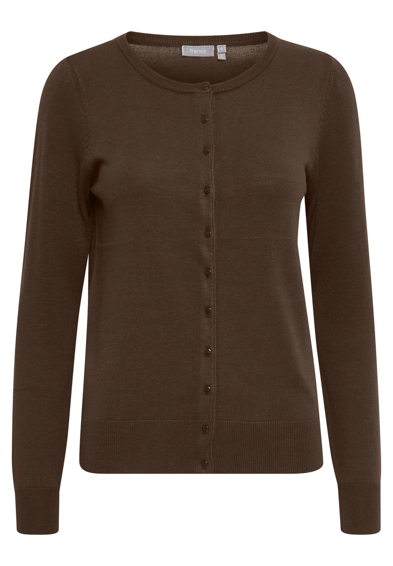 Brauner Cardigan aus weichem Strickstoff, mit runder Halslinie, langen Ärmeln und einer Knopfverschluss-Front mit gleichmäßig verteilten Knöpfen.