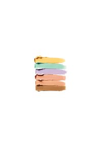 Quatre échantillons de peinture dans des teintes pastel : en haut, jaune, vert, lavande, pêche, et une base beige. Texture épaisse avec des coups de pinceau visibles.