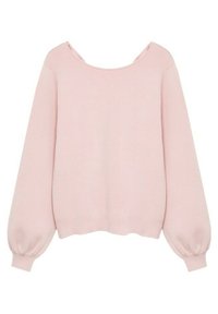 Hellrosa Langarmpullover mit weitem Rundhalsausschnitt und leicht gepufften Bündchen an den Handgelenken.