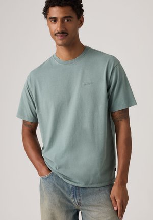 Homme aux cheveux courts et bouclés avec une moustache portant un t-shirt vert clair uni à manches courtes et un jean bleu clair, une main dans la poche.