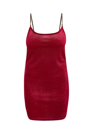 Rdeča, kovinsko sijoča mini obleka s tankimi naramnicami in medenički. Ima prilegajoč silhueto in gladko teksturo blaga, brez dodatnih vzorcev.