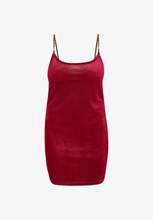 Rdeča, kovinsko sijoča mini obleka s tankimi naramnicami in medenički. Ima prilegajoč silhueto in gladko teksturo blaga, brez dodatnih vzorcev.