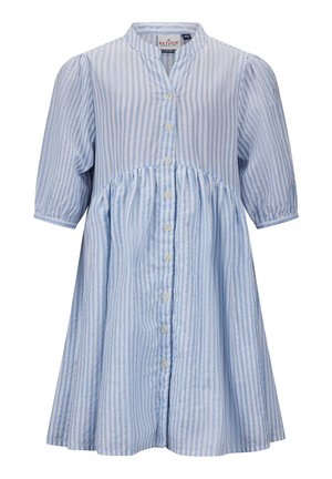 Lyseblå og hvid vertikalt striped kjole med korte pufærmer, mandarinkrave og frontknaplukning.