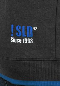 Sudadera gris carbón con texto bordado en azul y blanco que dice "¡SLD Desde 1993" en el frente. Presenta una cintura y un dobladillo acanalados.