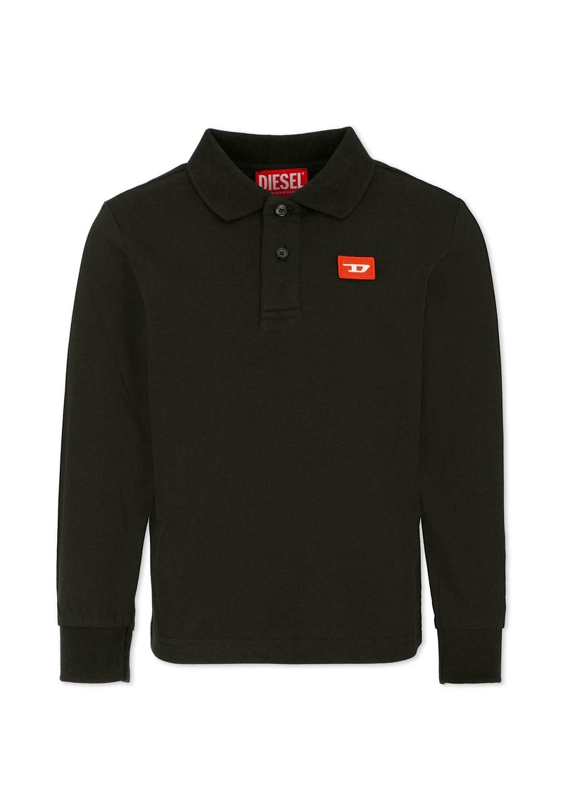 Polo shirt noir à manches longues en coton. Il dispose d'une patte de boutonnage à deux boutons, de poignets côtelés et d'une étiquette logo Diesel rouge sur la poitrine gauche.