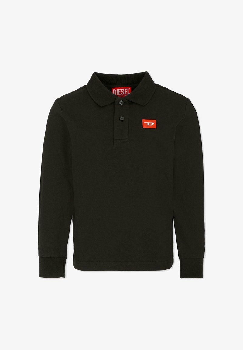 Polo a maniche lunghe nera in cotone. Presenta un'apertura con due bottoni, polsini a costine e un patch con il logo rosso Diesel sul lato sinistro del petto.