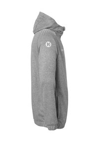 Gray hooded jacket with a textured shoulder design, elastic cuffs, and subtle logo branding on the sleeve. Soft fabric, regular fit.