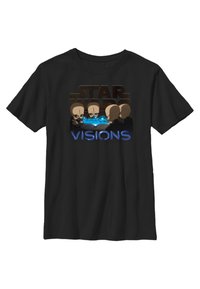 Černé bavlněné tričko s grafickým designem obsahujícím postavy a text „STAR WARS VISIONS“ v barvách od béžové po modrou.