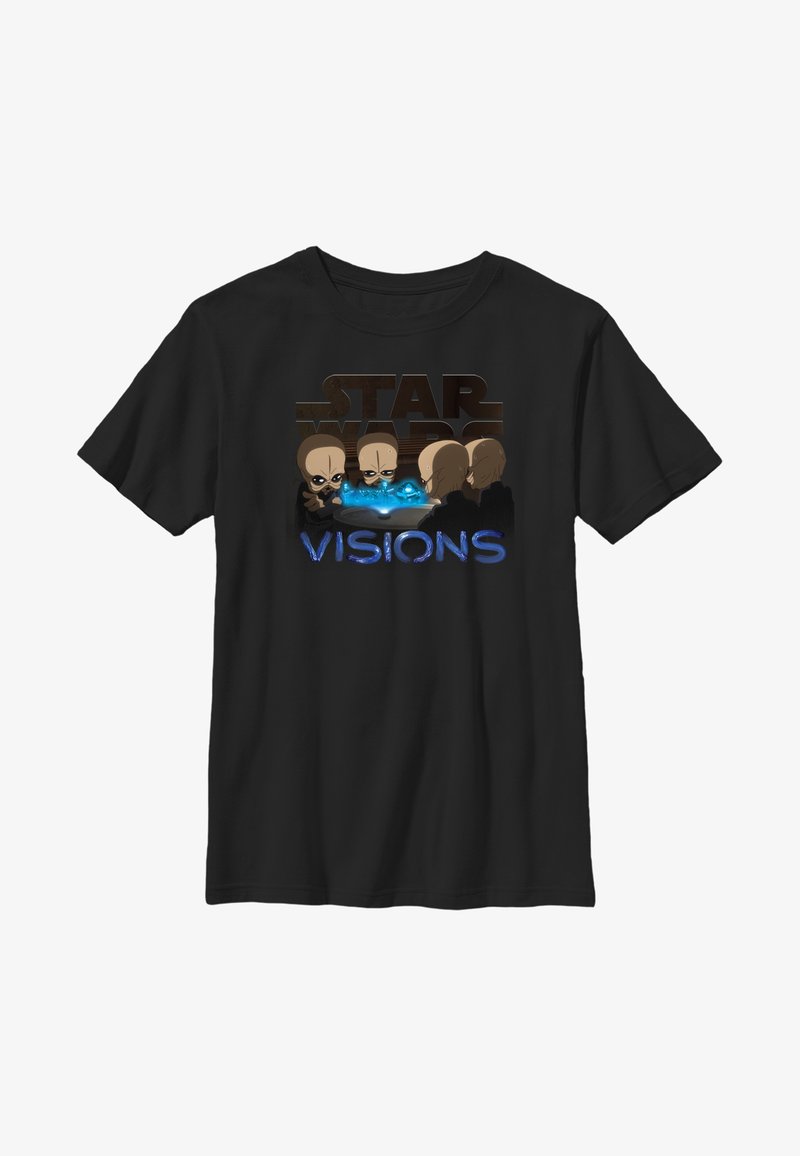 Camiseta negra de algodón con un diseño gráfico que presenta personajes y el texto "STAR WARS VISIONS" en colores que van desde el beige hasta el azul.