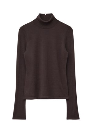 Brown turtleneck sweater made from a smooth, stretchy fabric. Features long sleeves and a half zipper at the back of the neck.