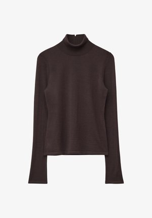 Brown turtleneck sweater made from a smooth, stretchy fabric. Features long sleeves and a half zipper at the back of the neck.
