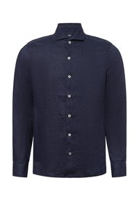 Königsblaues Langarmhemd aus strukturiertem Stoff mit einem Button-Down-Kragen und sechs weißen Knöpfen auf der Vorderseite.