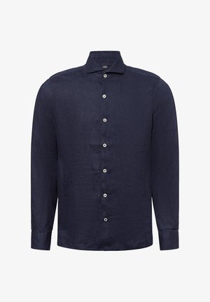 Königsblaues Langarmhemd aus strukturiertem Stoff mit einem Button-Down-Kragen und sechs weißen Knöpfen auf der Vorderseite.