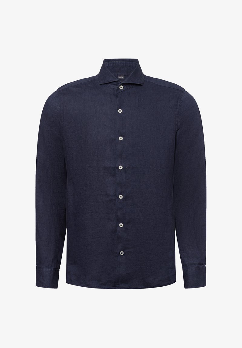 Königsblaues Langarmhemd aus strukturiertem Stoff mit einem Button-Down-Kragen und sechs weißen Knöpfen auf der Vorderseite.