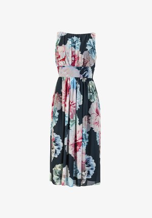 Blomstret kjole med en mørk navy baggrund, store pink og blå blomster, uden ærmer, med samlet talje og flydende stof.