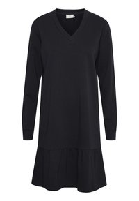 Robe noire à manches longues avec un décolleté en V, réalisée en tissu doux. Elle présente un ourlet volanté froncé, offrant une coupe décontractée et une texture lisse.