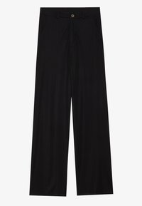 Pantalons larges noirs avec bouton à l'avant et passants de ceinture, présentés sur un fond blanc.