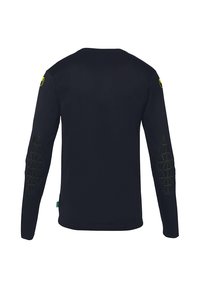 Chemise noire à manches longues avec un col rond, ornée d'accents jaunes et de coudières texturées dans un motif géométrique.